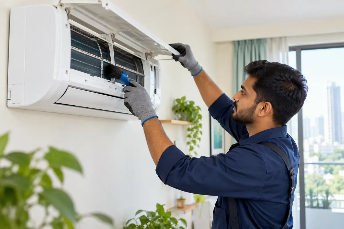 Technician cleaning a wall-mounted split air conditioner during a home service visit