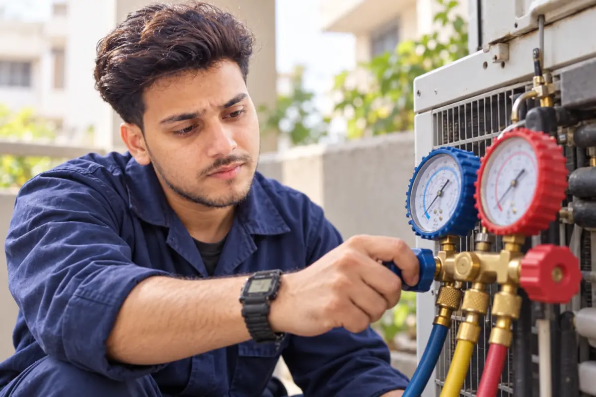 Technicians checking an air conditioner during a gas refilling service