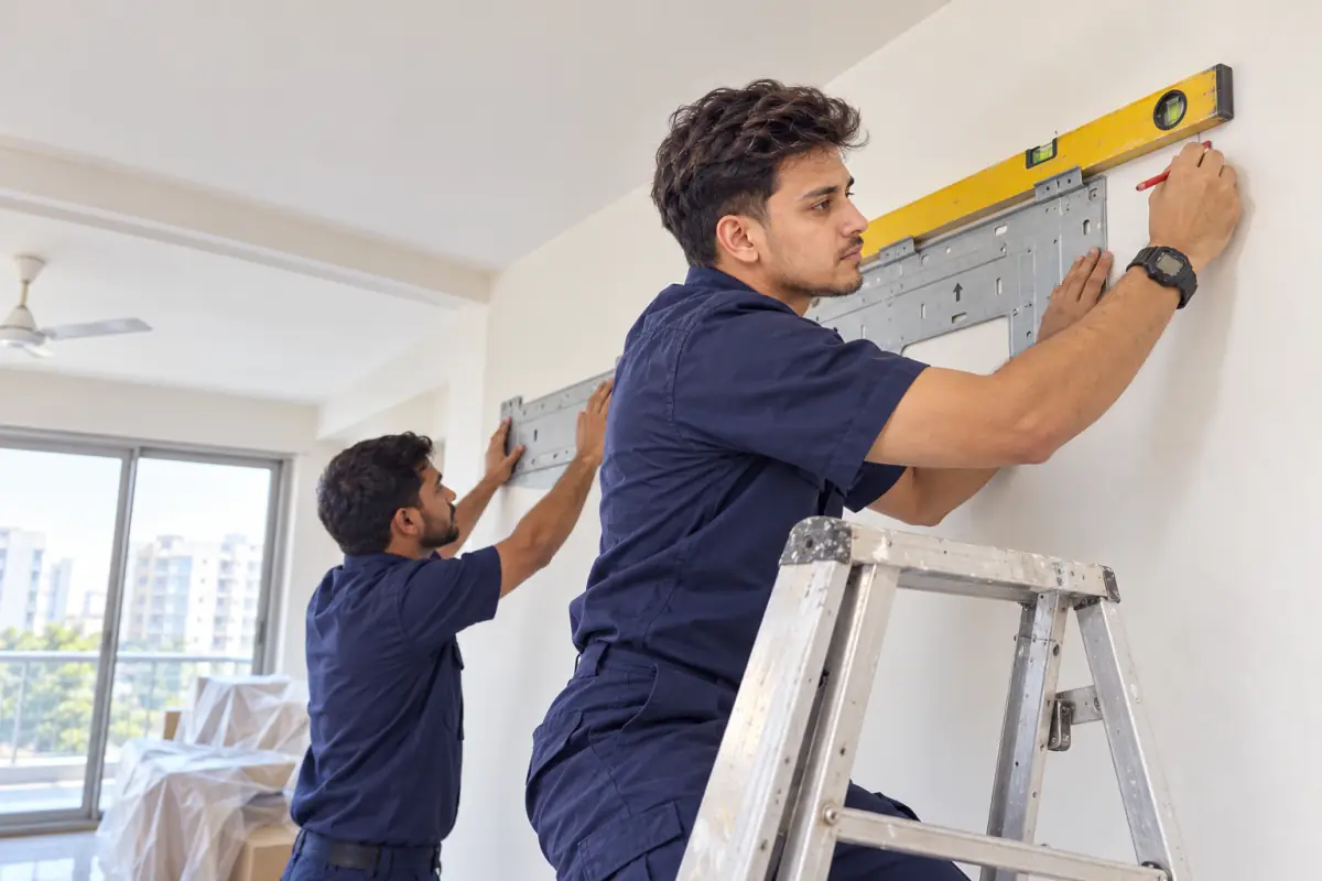 Technicians completing an air-conditioner installation